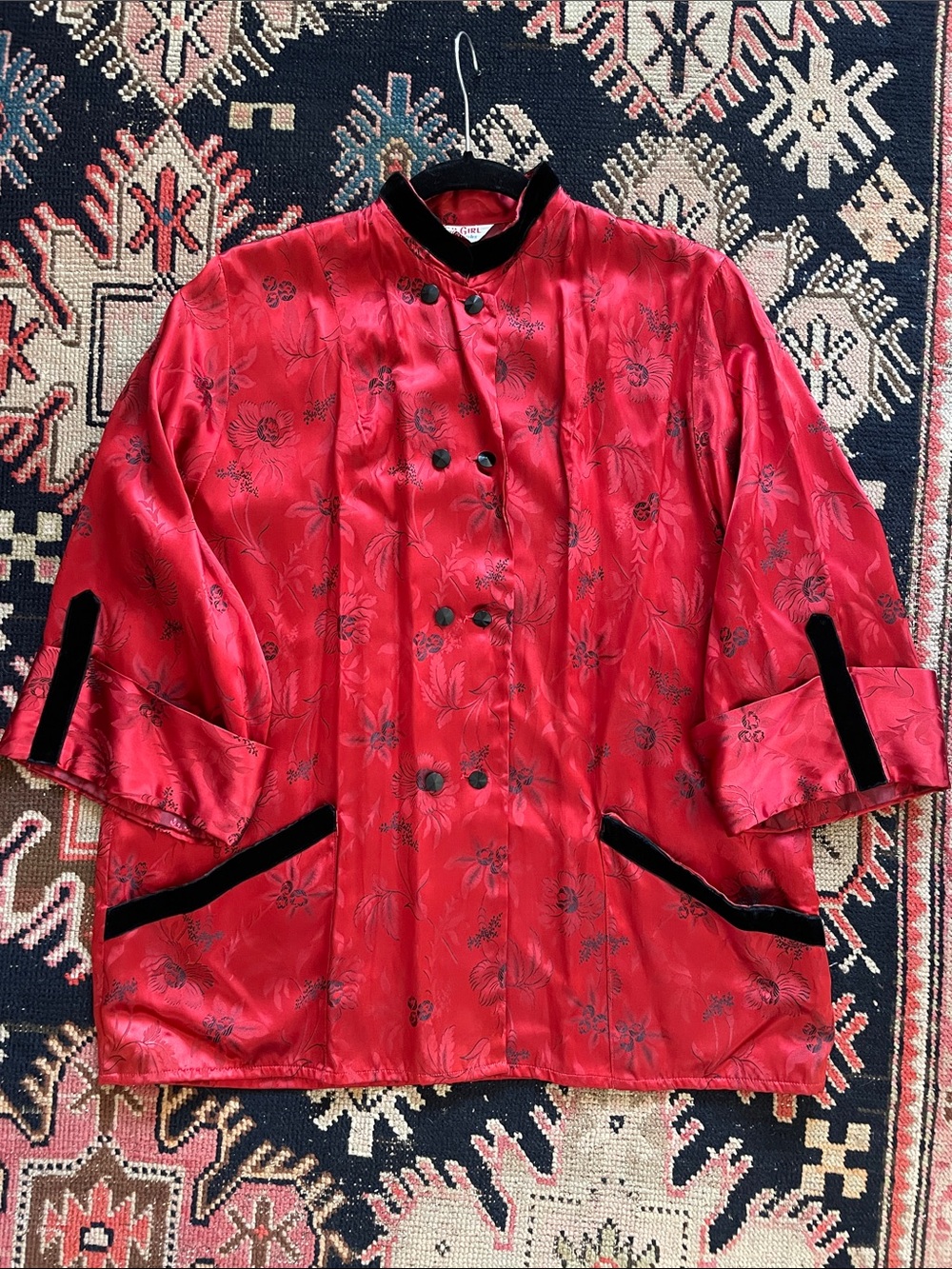 Vintage TOM GIRL Eastern Isle JACKET Red Satin Mandarin Jacquard Cardigan